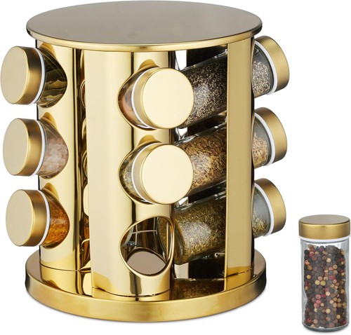 Bentech Gewürzkarussell Edelstahl Gold 360° drehbar inkl. 16 Gewürzgläser