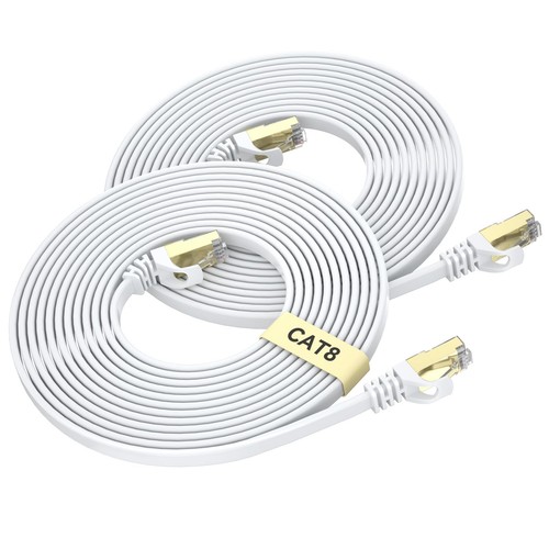 BUSOHE Cat 8 Netzwerkkabel 3m Weiß 2er Pack Flachbandkabel 40Gbps 2000MHz RJ45