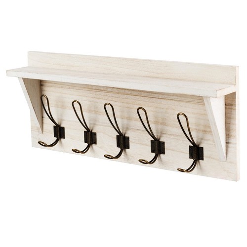 Costway Wandgarderobe mit Ablage Holz Weiß 5 Doppelhaken Shabby Chic 61 cm