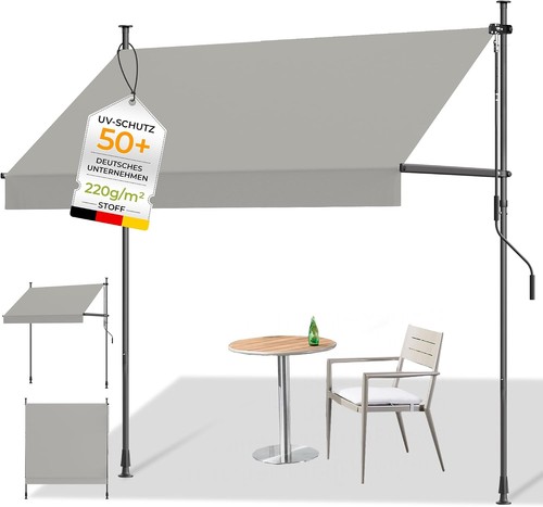 HOMEDEMO Klemmmarkise 350x125 cm Grau Balkonmarkise ohne Bohren UV50+