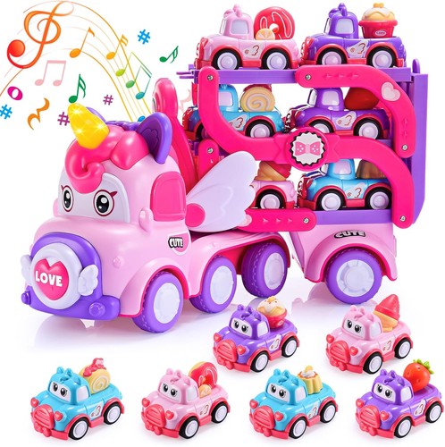 EUCOCO Einhorn LKW Transporter Spielzeugauto Set mit 6 Autos Licht & Sound