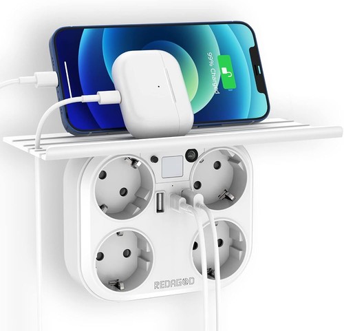 Redagod Mehrfachsteckdose Wandadapter 4-fach USB-C Nachtlicht Ablage 4000W Weiß
