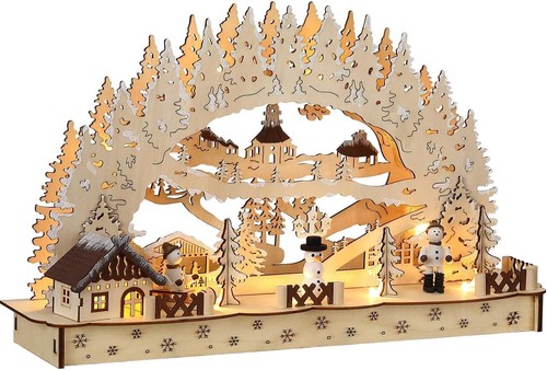 Monzana LED Schwibbogen Winterdorf Holz 45x28cm Lichterbogen Timer 11 LEDs Natur