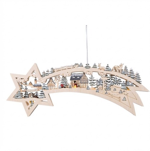 TEWA LED Fensterdeko Sternschnuppe 58cm Winterlandschaft Holz Hänger Weihnachten