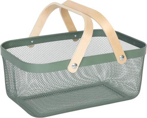 Relaxdays Aufbewahrungskorb Metall mit Holzgriff Drahtkorb Gitterkorb Mint