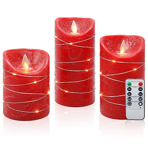 CCLIFE 3er LED Kerzen Echtwachs Lichterkette Flammenlos Timer Fernbedienung Rot