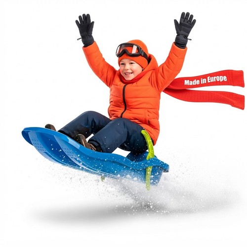 BigDean Kinder Schlitten Race Blau Kunststoffbob Rodel mit Bremsen & Zugseil
