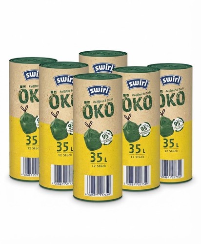Swirl Öko Müllbeutel 35L Reißfest Dicht 72 Stück (6x12) mit Zugband Abfallbeutel